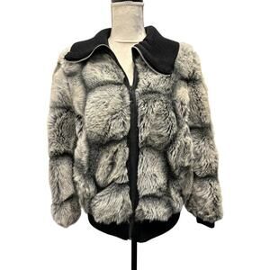 Women's Vintage Faux Fur Patchwork Black and Grey Jacket With Black Knit Collar